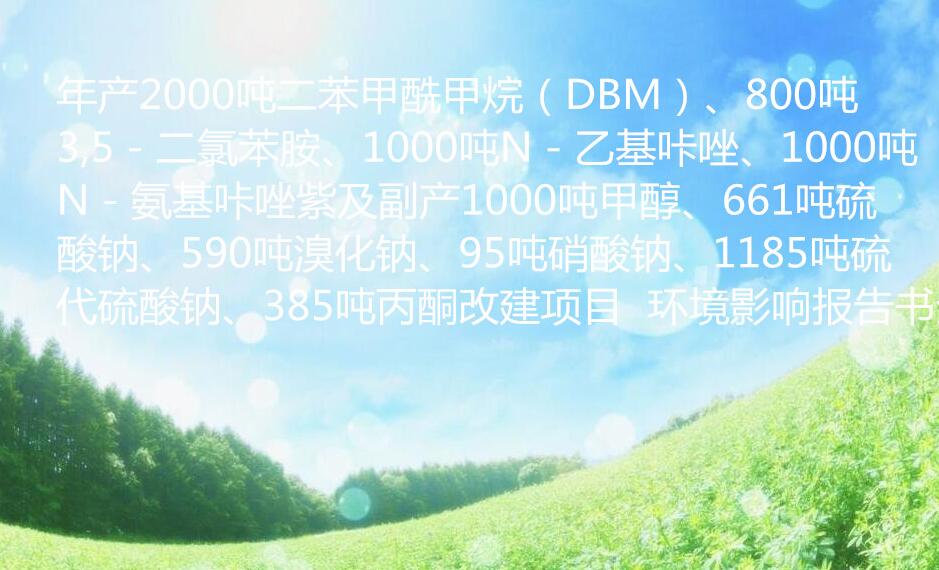 年産2000噸二苯甲酰甲烷（DBM）、800噸3,5－二氯苯胺、1000噸N－乙基咔唑、1000噸N－氨基咔唑紫及副産1000噸甲醇、661噸硫酸鈉、590噸溴化鈉、95噸硝酸鈉、1185噸硫代硫酸鈉、385噸丙酮改建項目  環境影響報告書(shū)全文公示